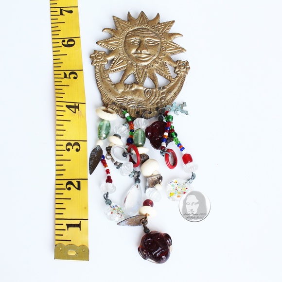 Large Sun and Moon Brooch with Beads & Charms Abstract Metal Vintage 70s - Picture 2 of 7